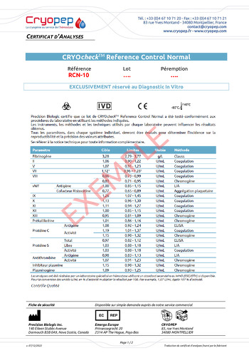 Certificat d'analyses CRYOcheck™ Reference Control Normal